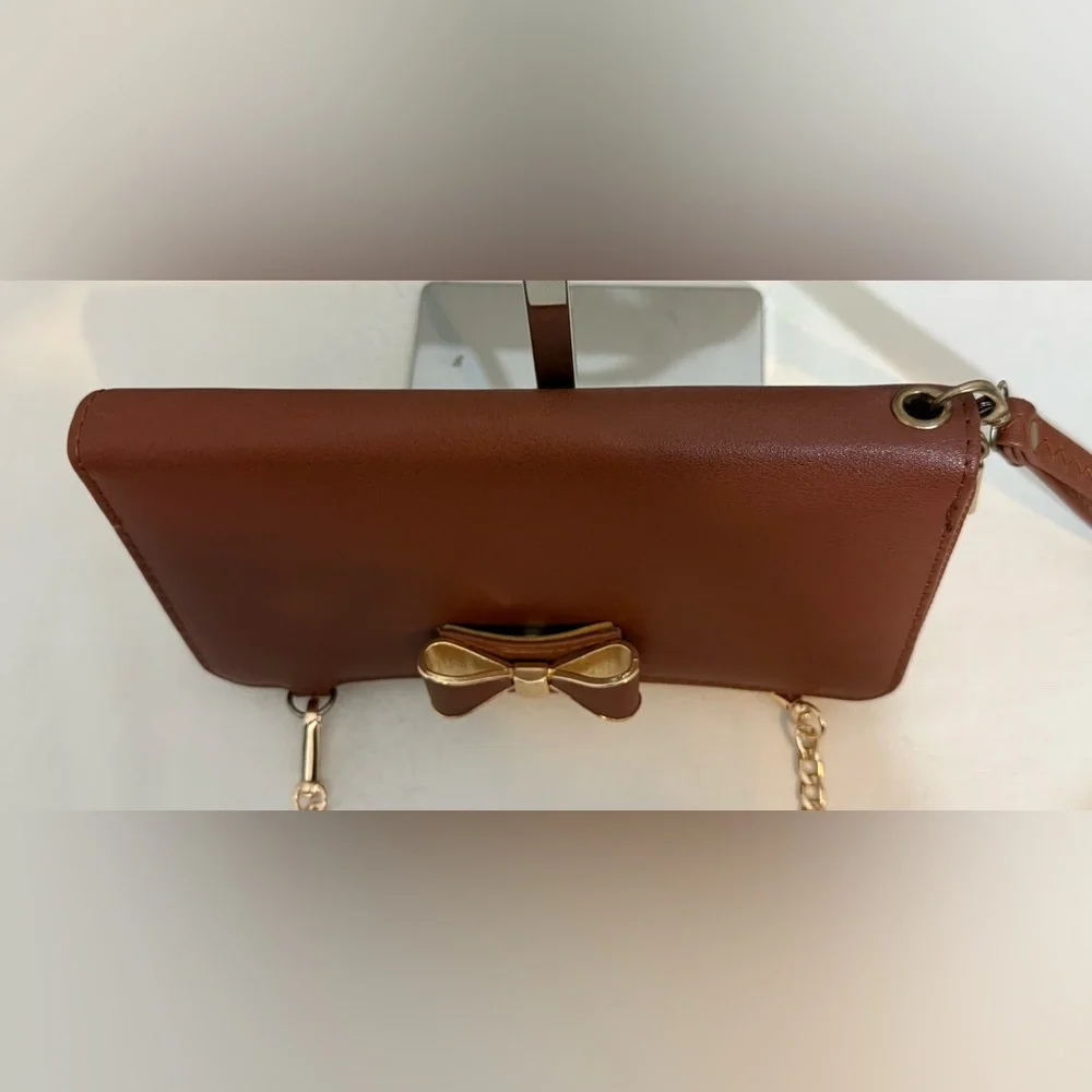 Brown Bow-Accent Wristlet Wallet Small Purse with Gold Chain